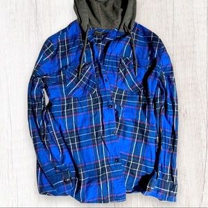 No Boundaries Mens Blue Plaid Hooded Button Up Jacket